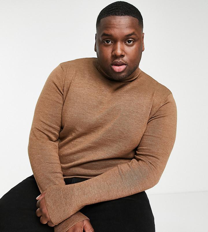 French Connection Plus Roll Neck Sweater In Camel-neutral