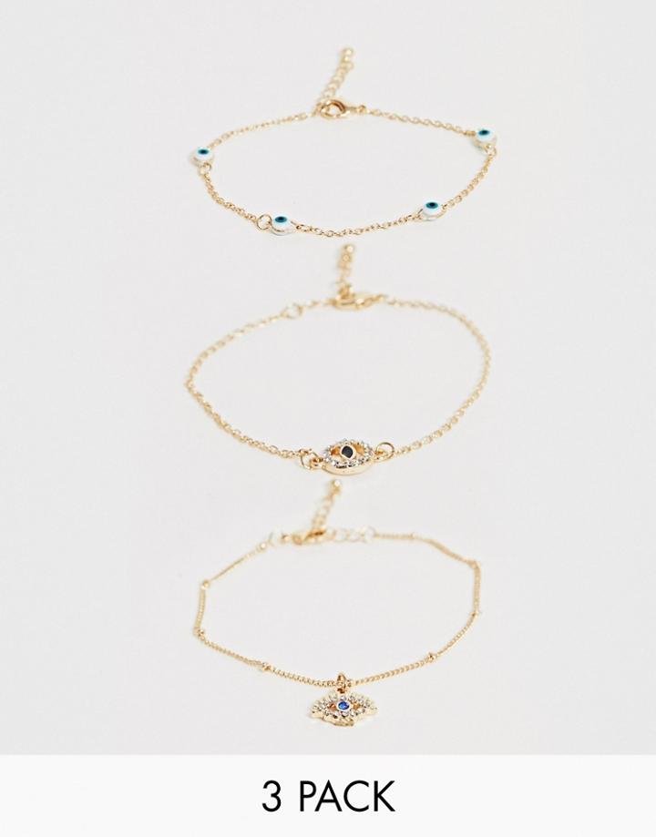 Asos Design Pack Of 3 Charm Bracelets With Eye Detail In Gold Tone - Gold