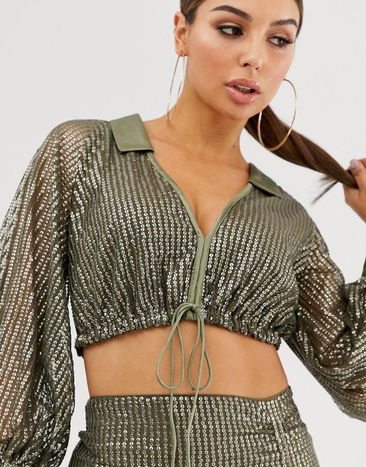 Asos Design Sequin Tux Crop Top Two-piece With Draw Cord-green