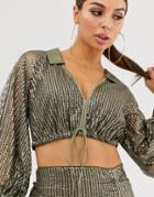 Asos Design Sequin Tux Crop Top Two-piece With Draw Cord-green