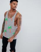 Asos Design Extreme Racer Back Vest With Raw Edge And Palm Tee Print - White