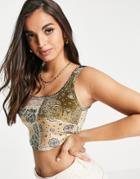 Daisy Street Scoop Neck Crop Top In Patchwork Velvet - Part Of A Set-brown