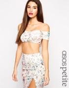 Asos Petite Exclusive Bardot Crop Top In White Floral - White Floral Print