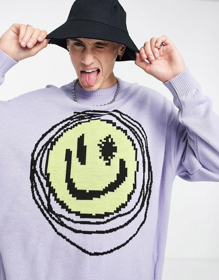 Asos Design Knitted Sweater With Smile Design In Pale Blue-blues