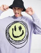 Asos Design Knitted Sweater With Smile Design In Pale Blue-blues