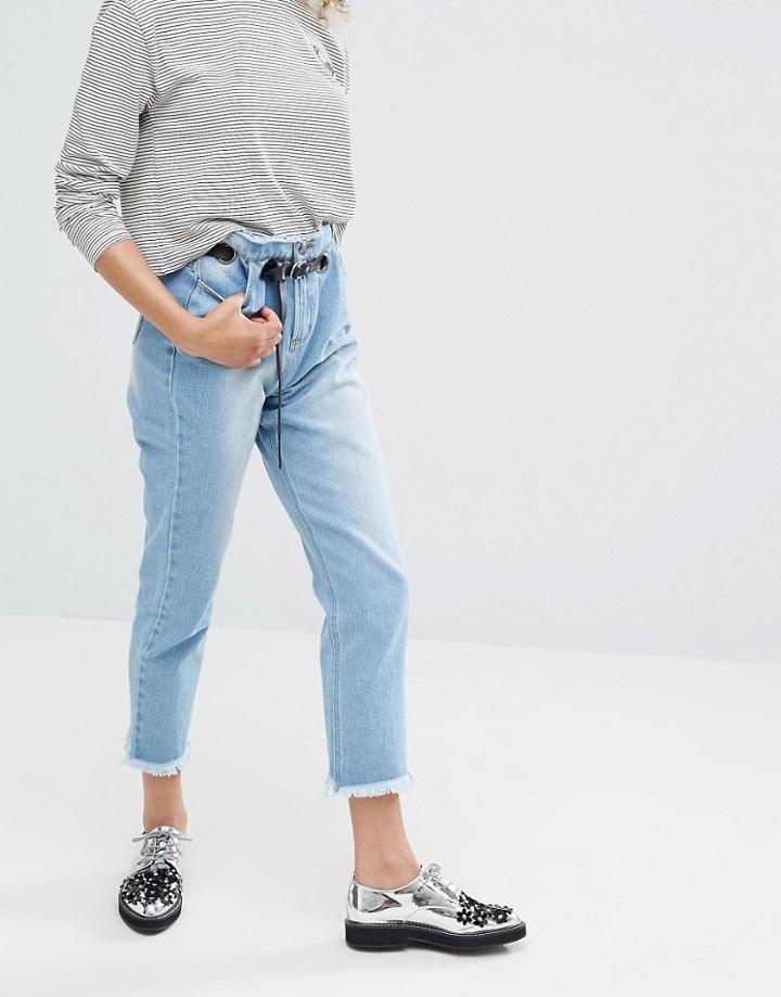 Daisy Street Mom Jeans With Eyelet Waistband And Raw Hems - Blue