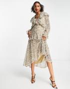 Asos Design Ruffle Plunge Midi Dress With Lace Trims In Leopard Print-multi