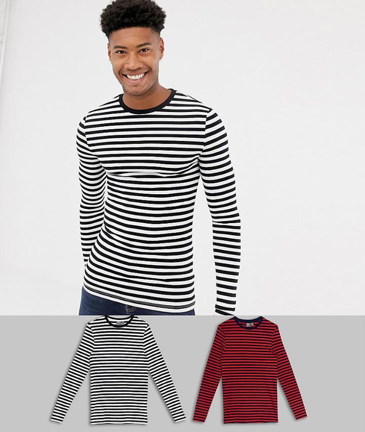 Asos Design Tall Muscle Fit Long Sleeve T-shirt In Organic Cotton 2 Pack Black/white Navy/red - Multi