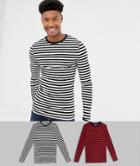 Asos Design Tall Muscle Fit Long Sleeve T-shirt In Organic Cotton 2 Pack Black/white Navy/red - Multi