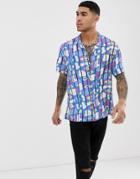 Asos Design Relaxed 90s Print Revere Shirt In Blue