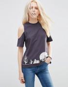 Asos T-shirt With Cold Shoulder And Cactus Print - Charcoal