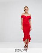 John Zack Tall Off Shoulder Ruffle Midi Dress - Red