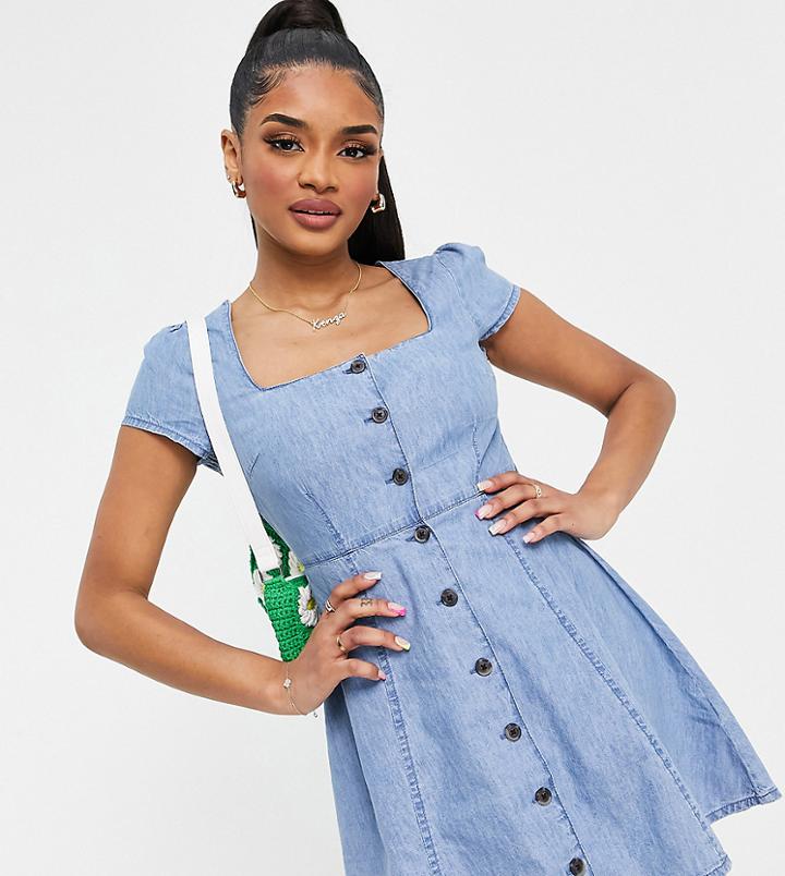 Asos Design Petite Soft Denim Square Neck Tea Dress In Midwash-blues