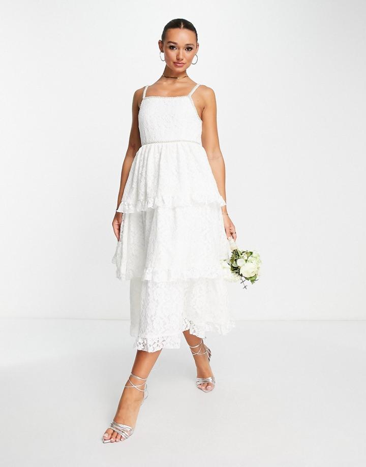 Dream Sister Jane Bridal Tiered Midi Dress In Lace With Pearl Details-white