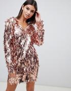 Club L Embellished Fringe Dress In Rose Gold - Gold