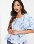 Y.a.s Organic Cotton Puff Sleeve Smock Top In Blue Cloud Print-blues