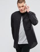 Asos Military Shirt In Black With Buckles And Grandad Collarin Regular Fit - Black
