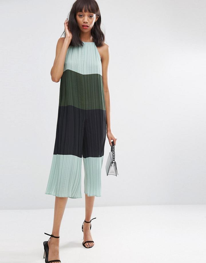Asos Color Block Jumpsuit In All Over Pleat - Multi