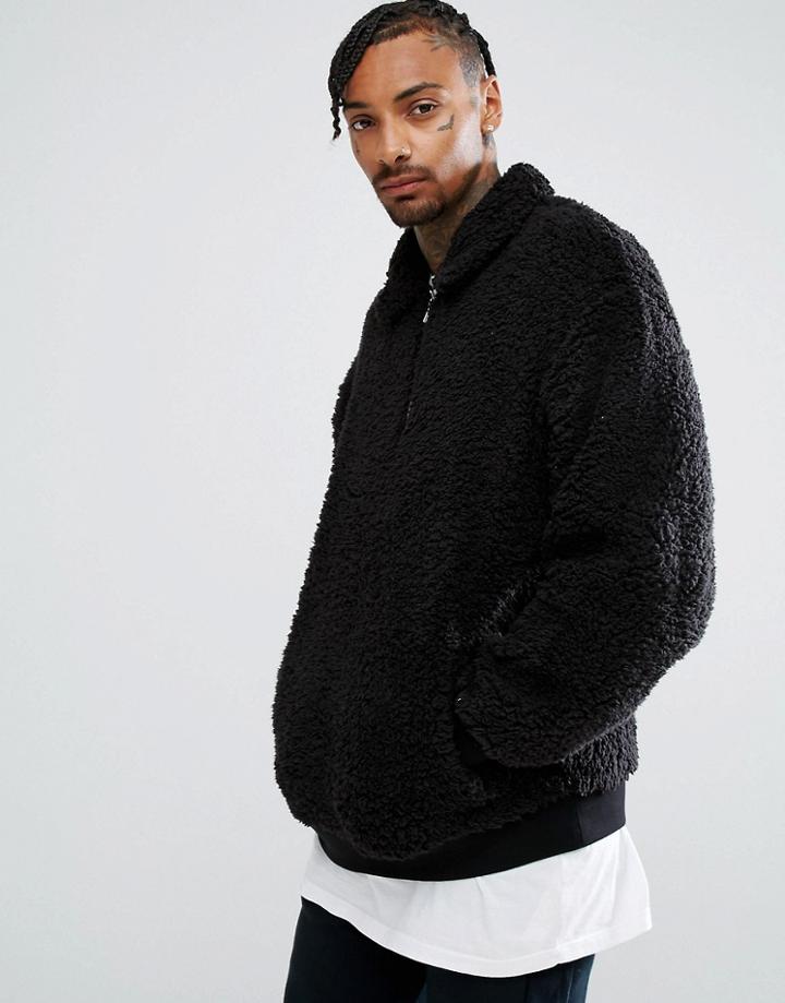 Asos Borg Oversized Half Zip Harrington - Black