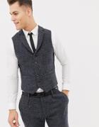 Asos Design Wedding Slim Suit Vests In 100% Wool Harris Tweed Blue Micro Check - Blue