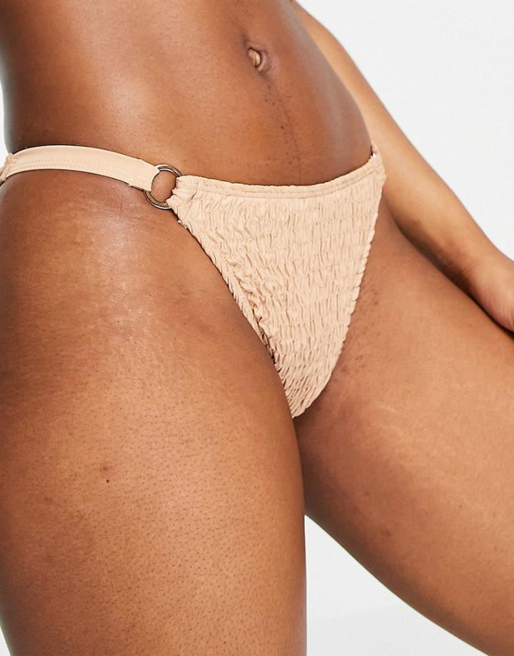 Missguided Crinkle Bikini Bottoms With Ring Detail In Beige-neutral