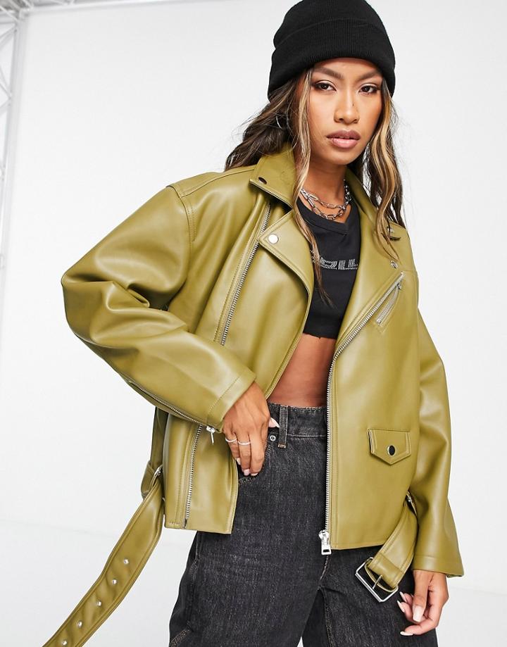 Topshop Faux Leather Oversized Moto Jacket In Olive-green