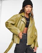 Topshop Faux Leather Oversized Moto Jacket In Olive-green