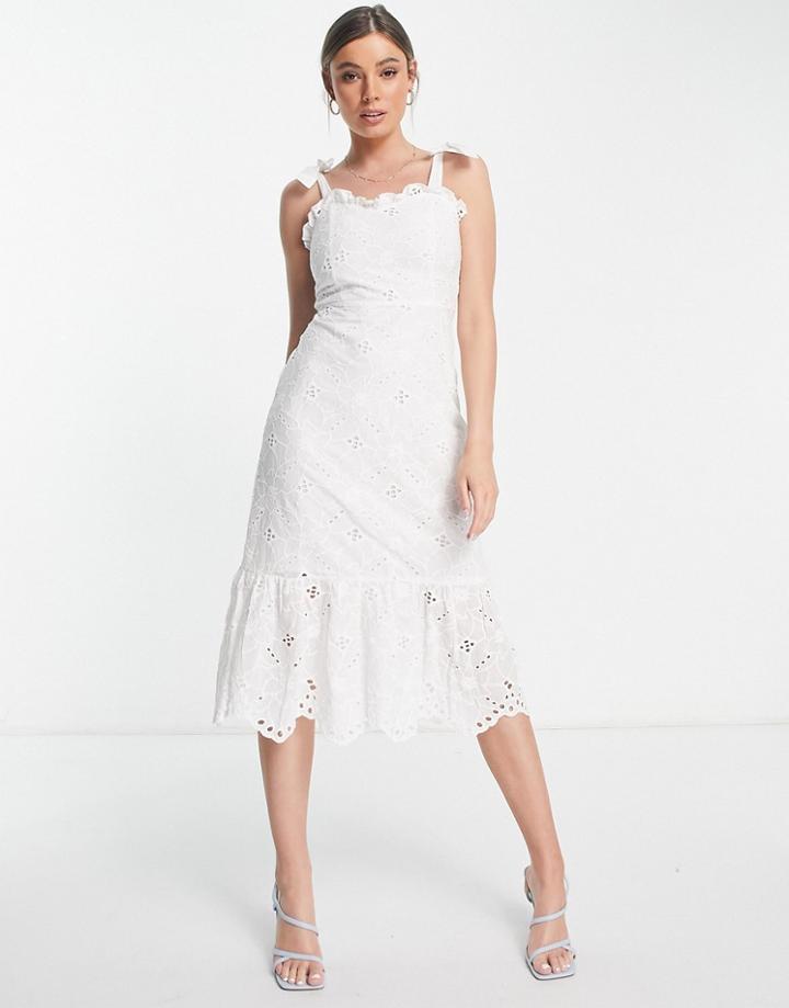 Style Cheat Tie Shoulder Eyelet Midi Dress In White