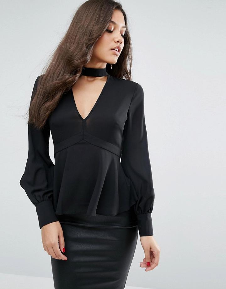 Asos V Neck Blouse With Neck Band - Black