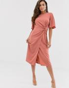 Asos Design Twist Front Midi Dress With Angel Sleeve - Pink
