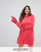 Asos Curve Knitted Dress With Fluted Sleeves And Sports Tipping - Pink