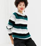 Na-kd Round Neck Sweater In Green Multi Stripe