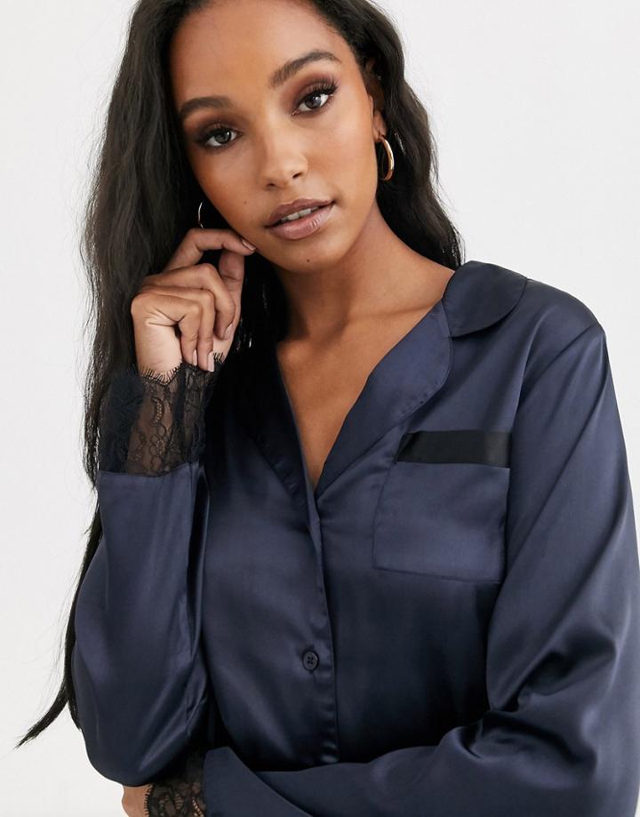 Asos Design Mix & Match Satin & Lace Pyjama Shirt-navy