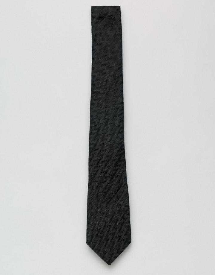 Asos Tie In Black Textured Herringbone - Black
