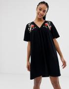 Asos Design Embroidered Ultimate Cotton Smock Dress - Black