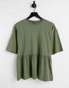 Asos Design Casual Smock Top With Short Sleeve In Khaki-green