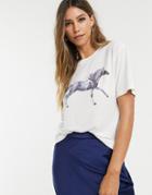 Neon Rose Relaxed T-shirt With Painted Horse Graphic - Cream