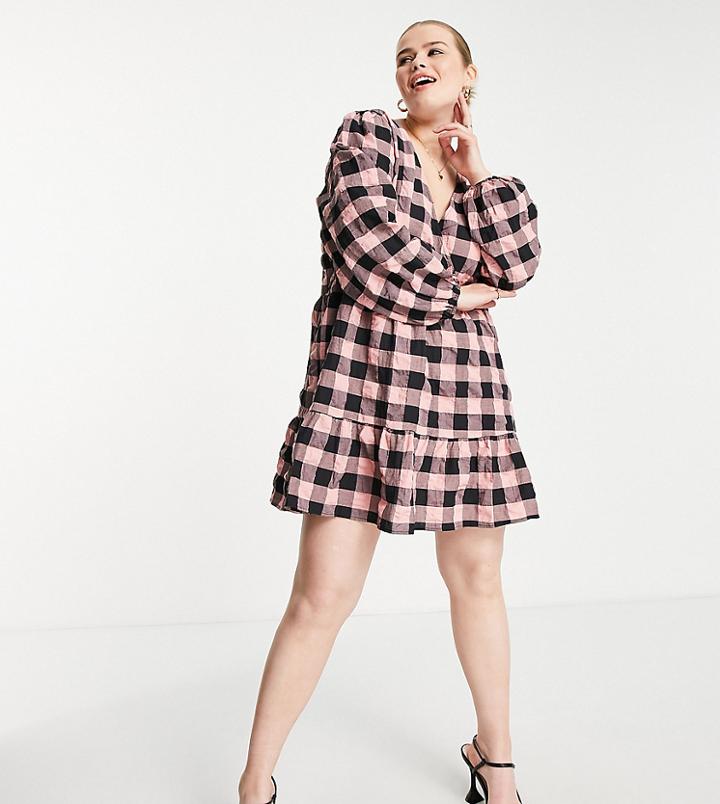 Nobody's Child Plus Tiered Mini Dress In Pink Check Print