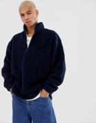 Asos Design Oversized Half Zip Track Neck Sweatshirt In Navy Borg - Red