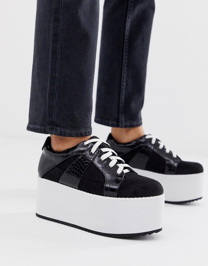 Lost Ink Chunky Flatform Lace Up Sneaker In Black - Black