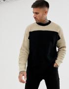 Bershka Knitted Sweater In Black With Camel Color Blocking - Black