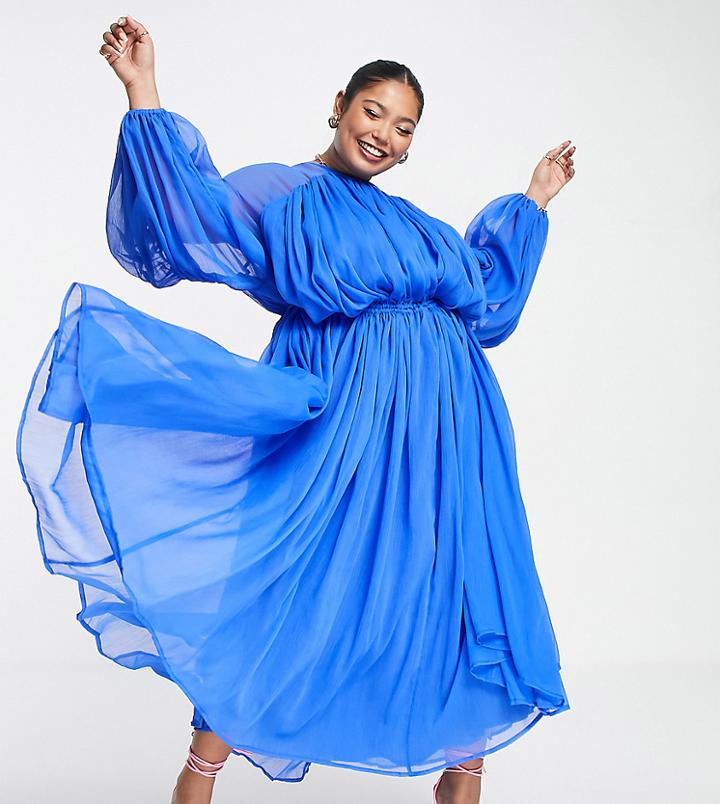Asos Edition Curve Gathered Neck Midi Dress In Bright Blue