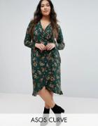 Asos Curve Wrap Tea Dress In Green Base Floral Print With Frill Detail - Multi