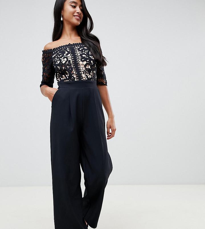 Little Mistress Petite Lace Applique Top Tailored Jumpsuit In Black