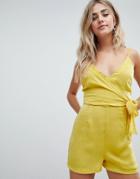 Missguided Tie Side Satin Romper - Yellow