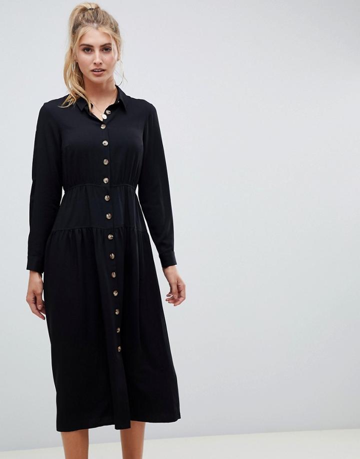 Asos Design Button Through Midi Shirt Dress With Long Sleeves - Black