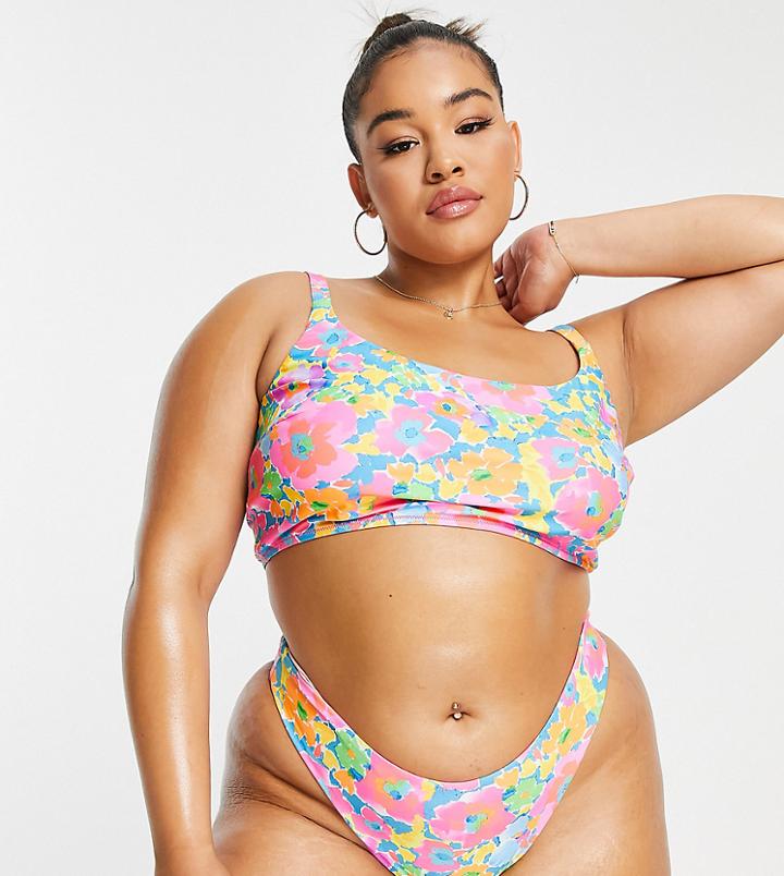 We Are We Wear Plus Tilly Crop Bikini Top In Neon Retro Floral-multi