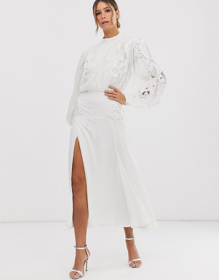Asos Edition Delicate Embroidered Midi Dress With Blouson Sleeve - White