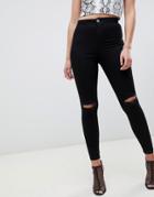 Asos Design Rivington Jeggings With Frayed Knee Rip Detail In Clean Black