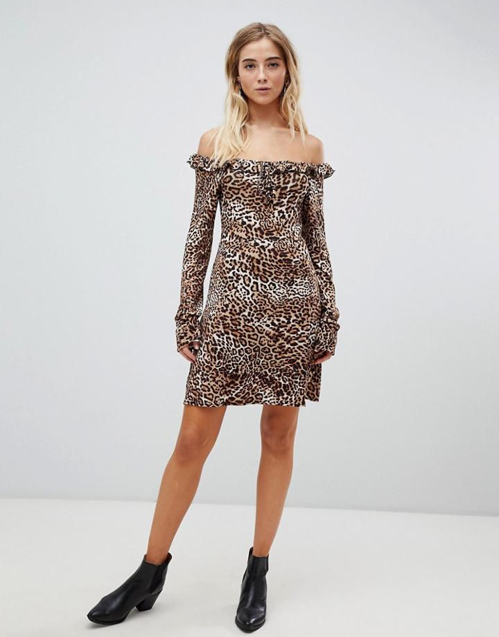 Nobody's Child Bardot Leopard Print Tea Dress With Ruched Neck-multi